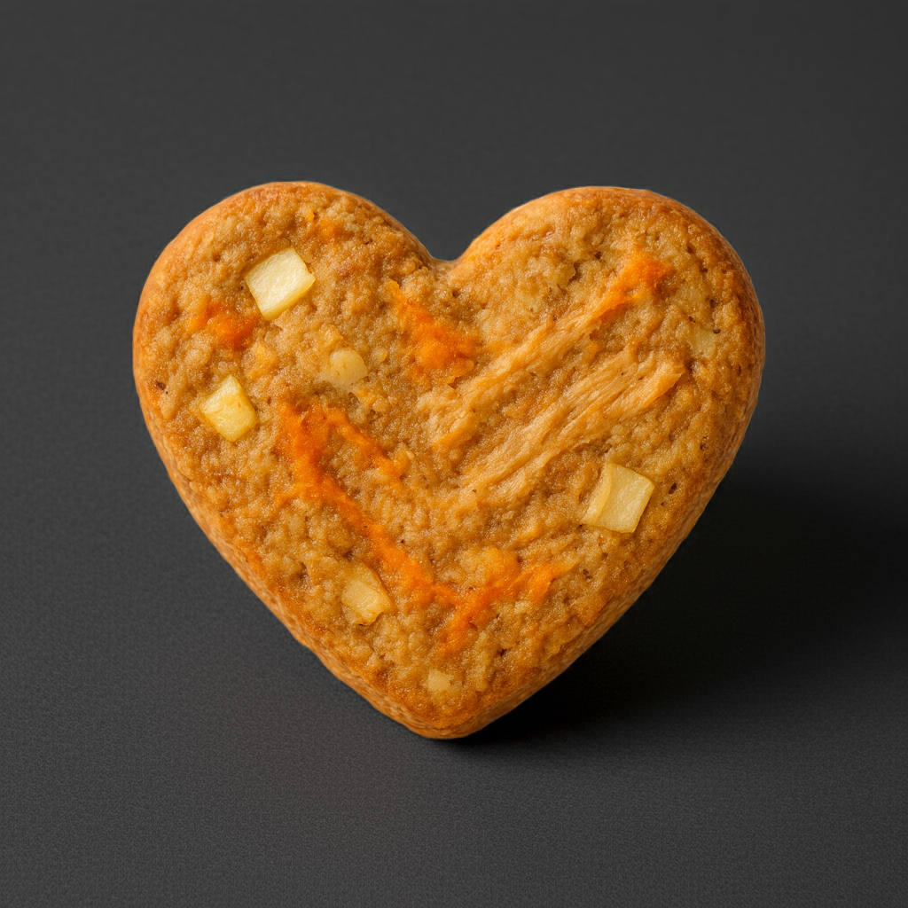 Heart shaped, fresh baked, dog cookie. Show close up texture of apple, sweet potato, peanut butter. with a calm background