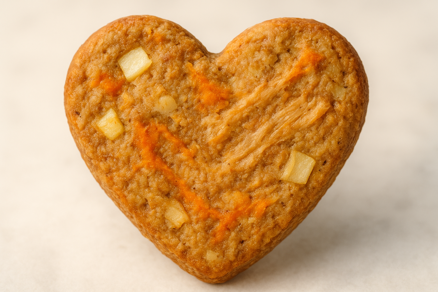 Heart shaped, fresh baked, dog cookie. Show close up texture of apple, sweet potato, peanut butter. with a calm background
